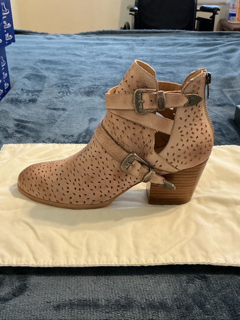Perforated Blush Suede Buckle Ankle Boot